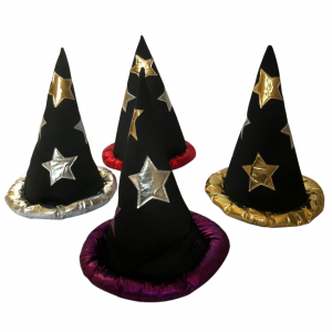 H71041- CHAPÉU DE FETICEIRO COM ESTRELAS NAS CORES DOURADO - ROXO - PRAT - VERMELHO DIAMETRO 28 cm E ALTURA 41 cm      